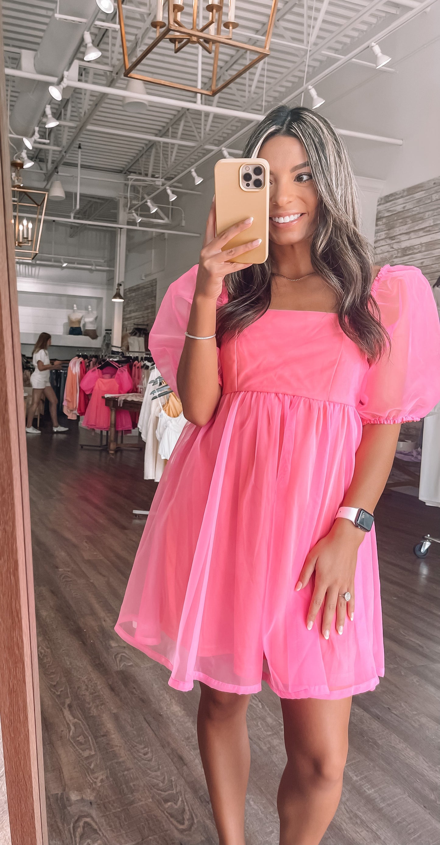 Babydoll Puff Sleeve Dress - Pink